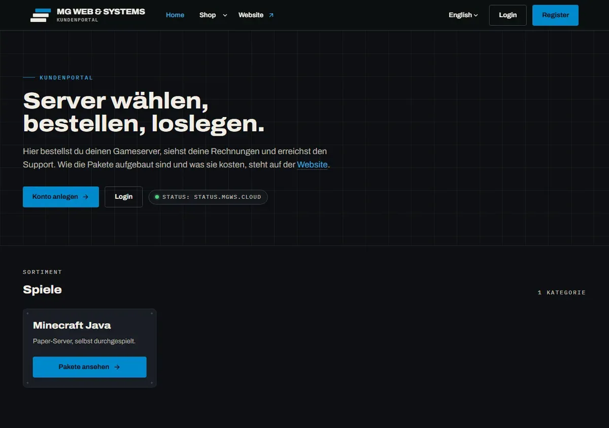 Startseite des Kundenportals in dunklem Design mit Signalblau